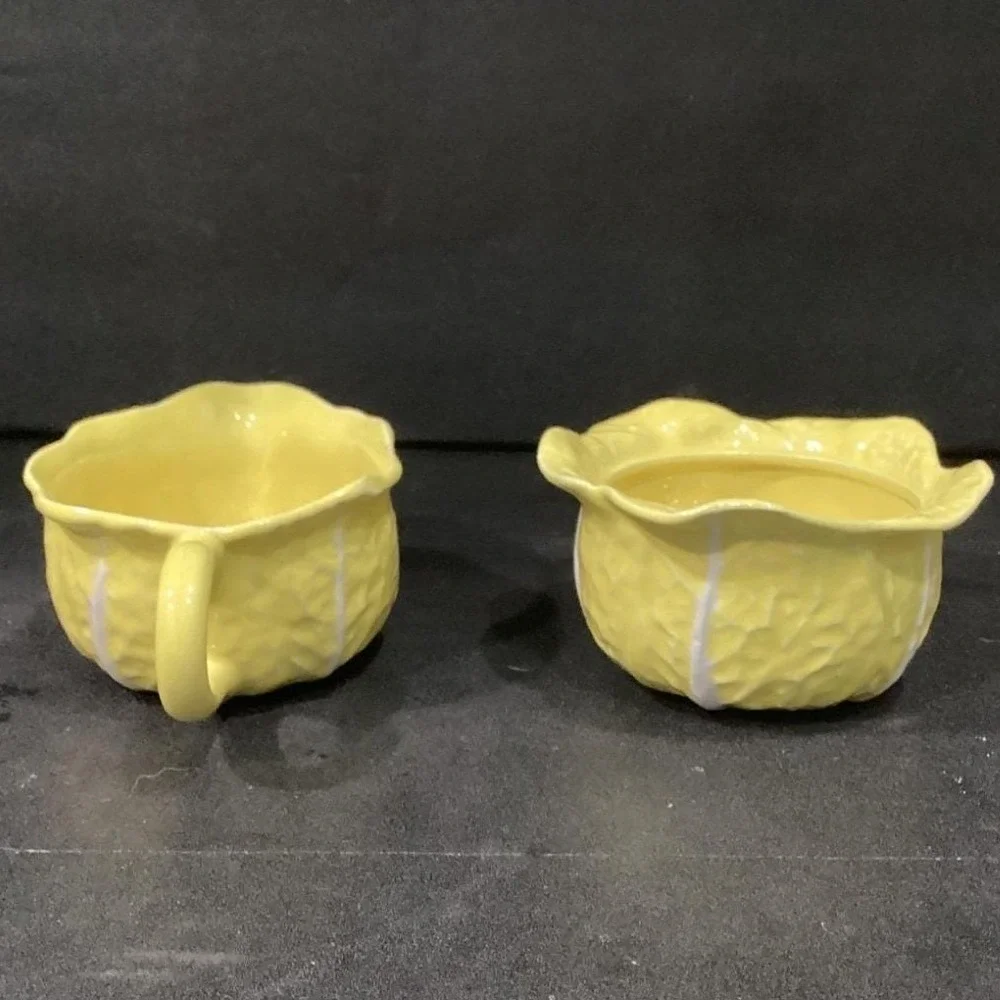 Secla Yellow Cabbage Sugar Bowl & Creamer, Vintage Portugal Majolica Tableware